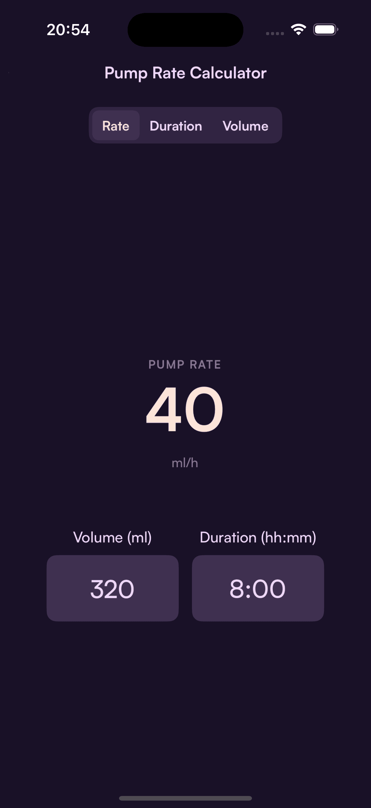 Feeding pump rate calculator screenshot from the Tubie app
