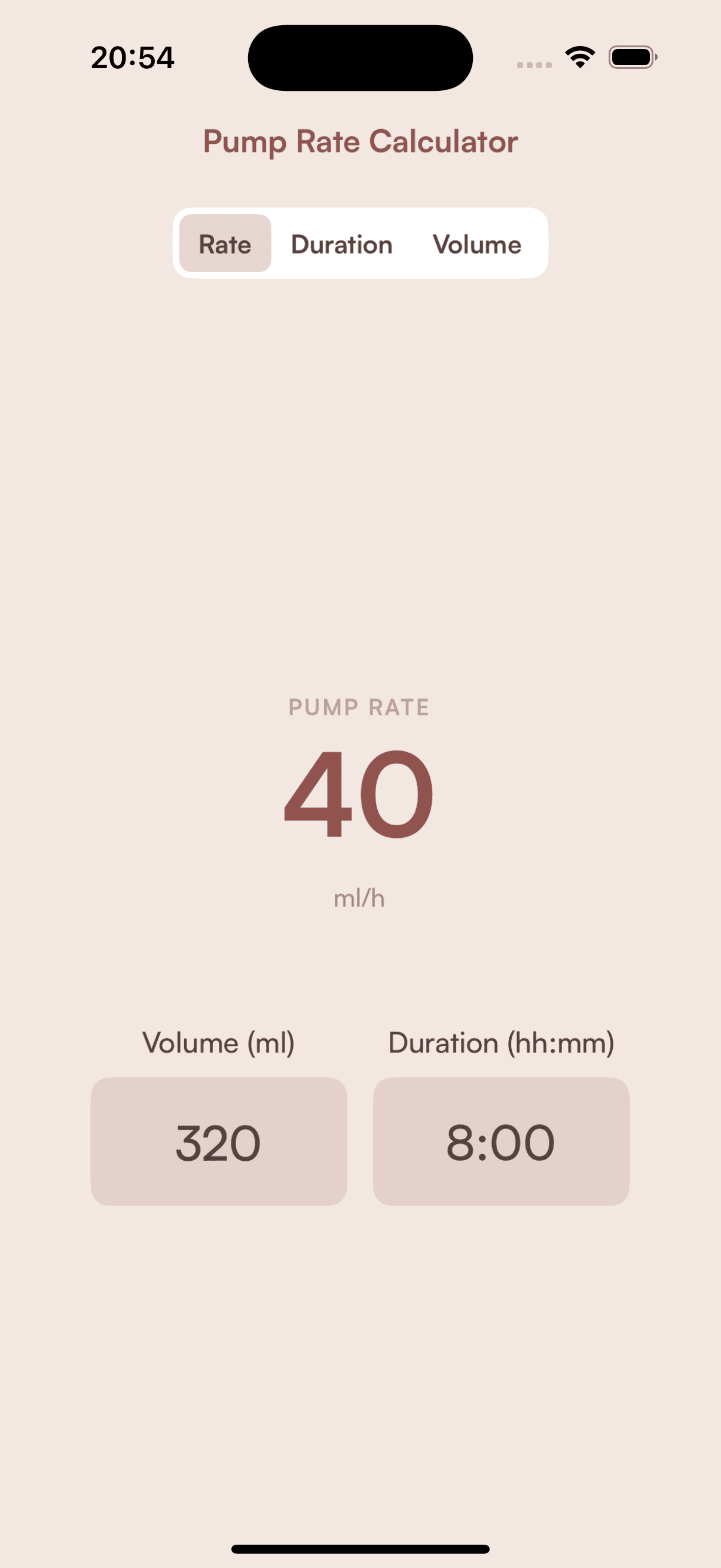 Feeding pump rate calculator screenshot from the Tubie app